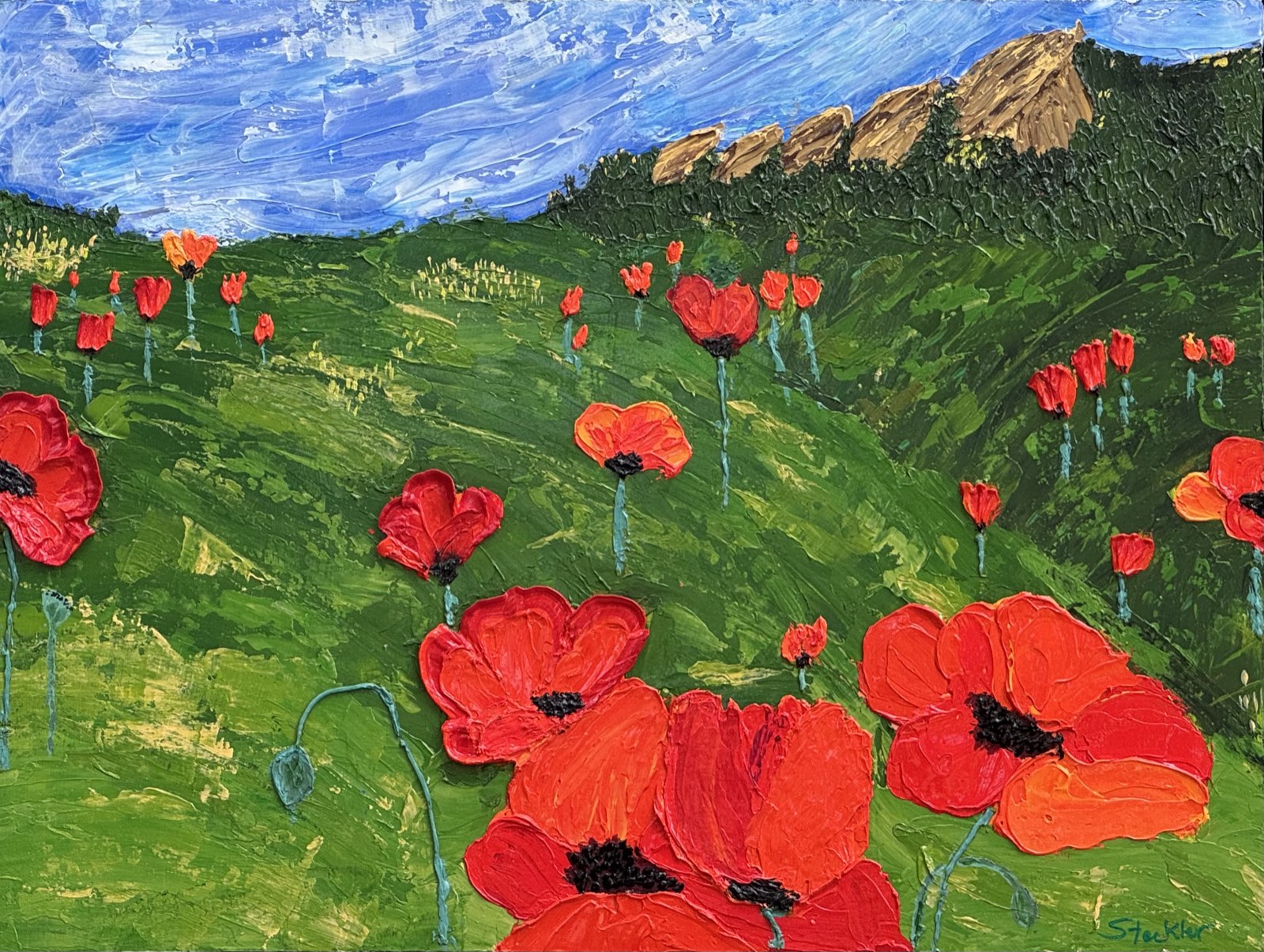 Poppies below the Flatirons, Boulder, Colorado — painting by Paul Steckler