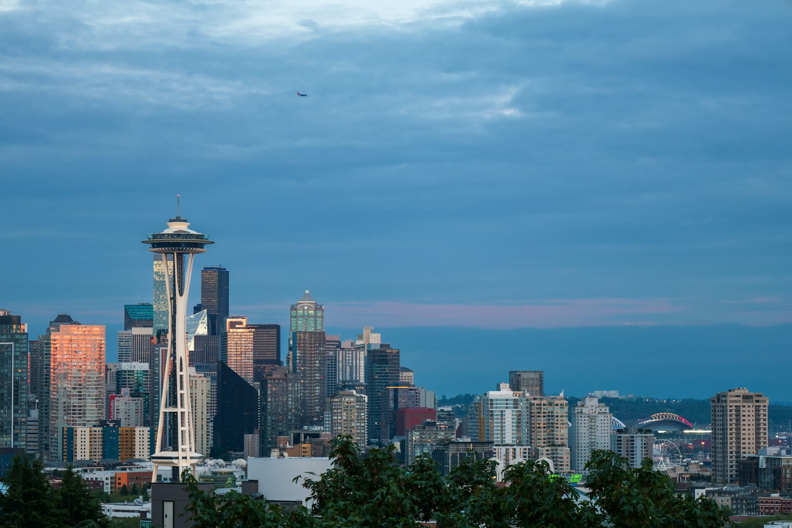 The Space Needle and downtown Seattle at golden hour, seen from Kerry Park