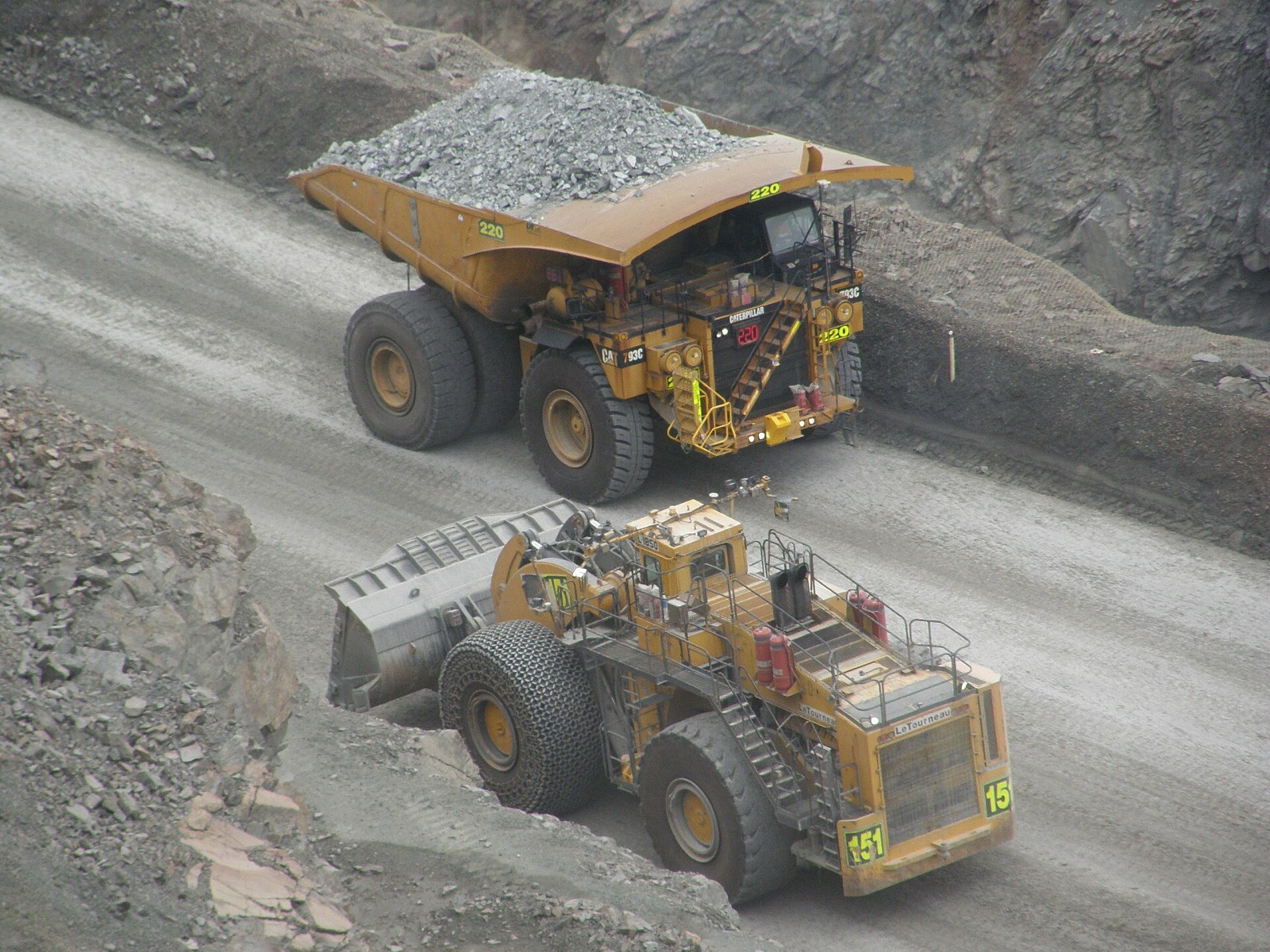 A haul truck and a front loader working together in an open-pit gold mine in Western Australia