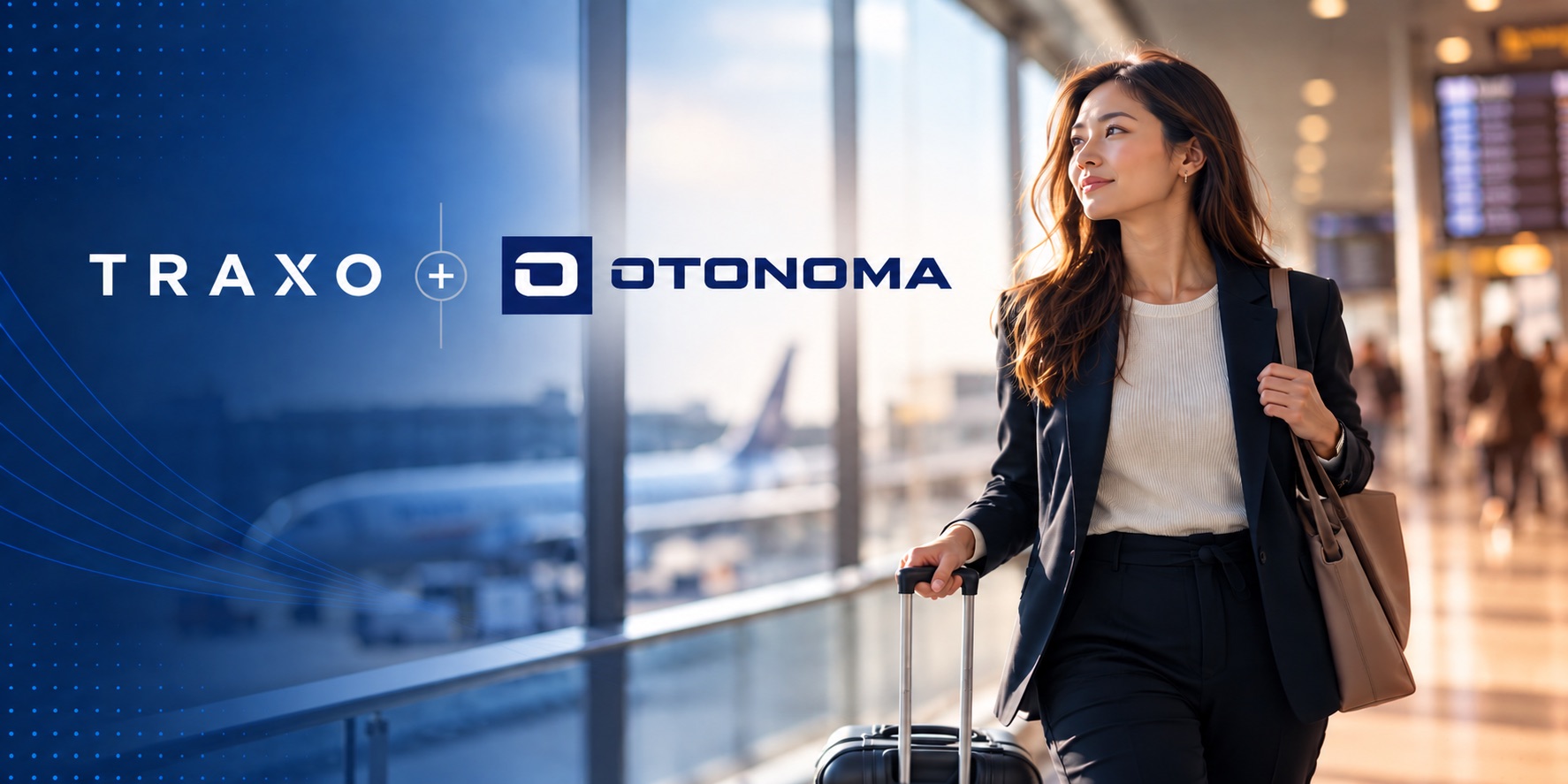Traxo + Otonoma: a business traveler with a rolling suitcase walks through an airport terminal