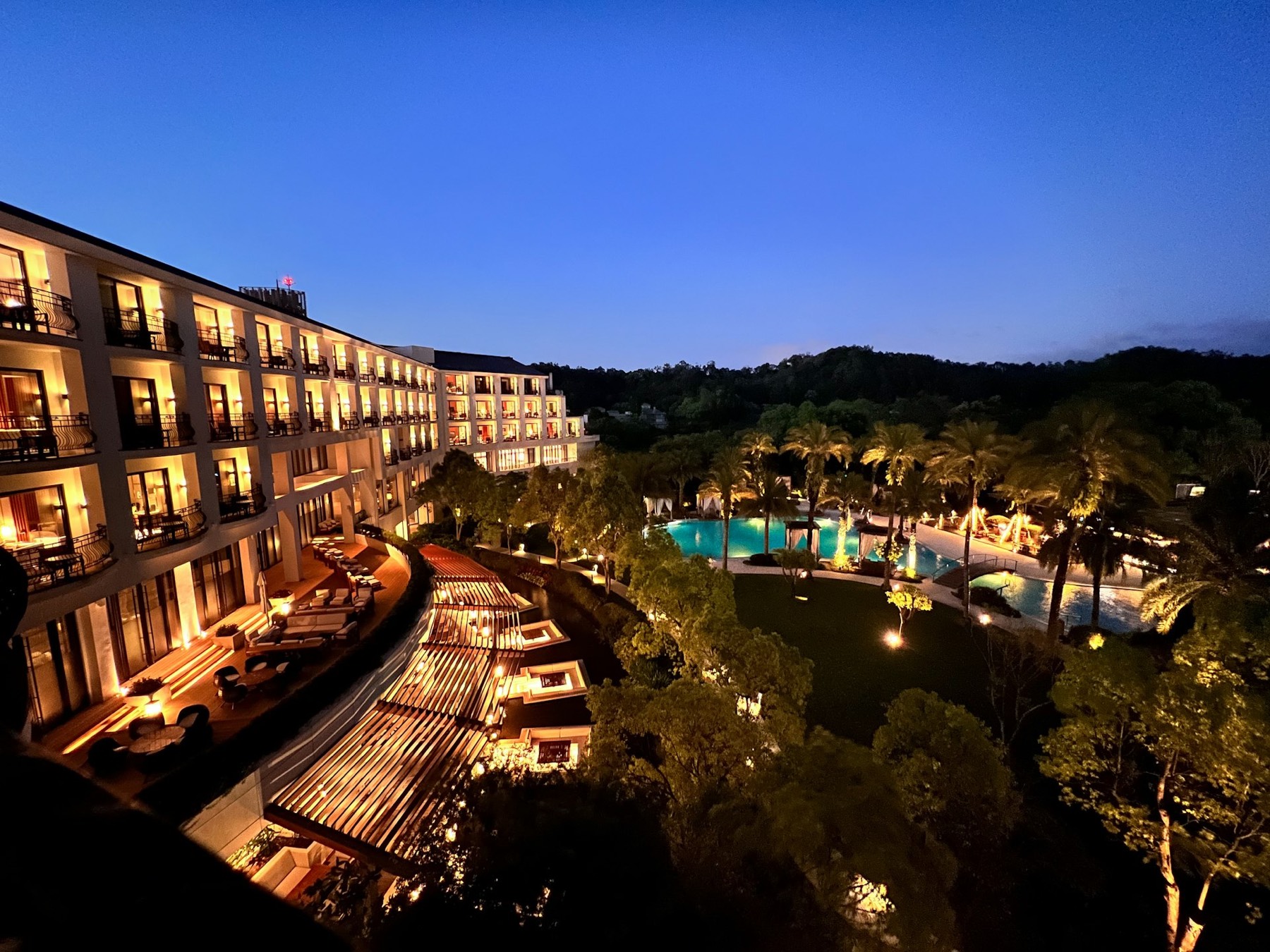 A resort lit up at dusk